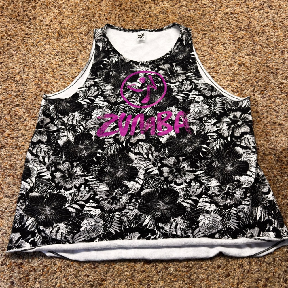 Zumba Wear Lovely Tank Top Black White Floral Purple Logo Large RN131301‎